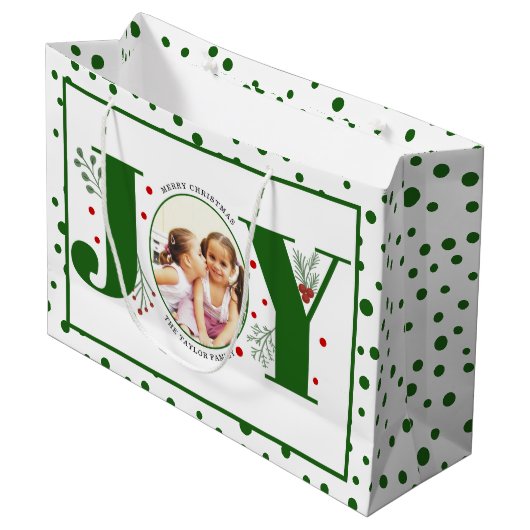 Voeg je foto's groene JOY en polka dots Groot Cadeauzakje (Voorkant Gekanteld)