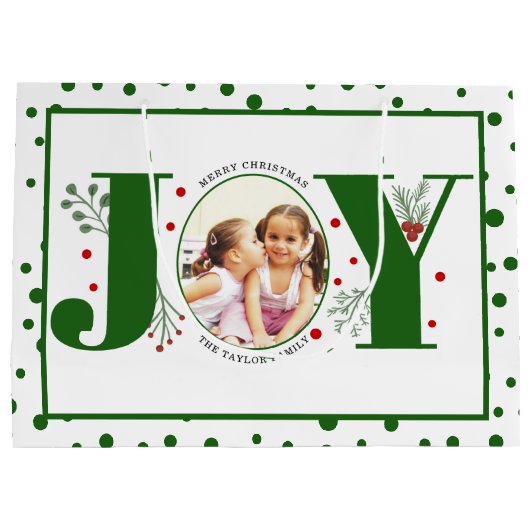 Voeg je foto's groene JOY en polka dots Groot Cadeauzakje (Achterkant)