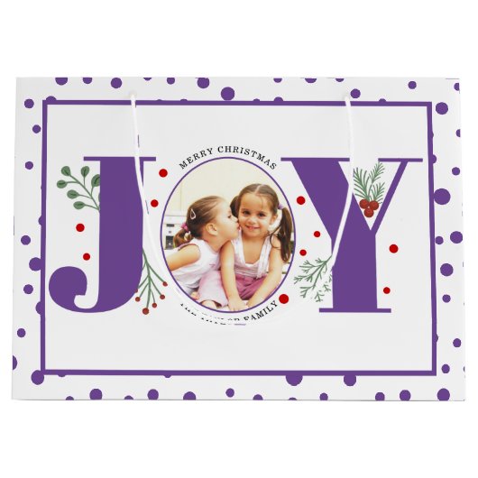 Voeg je foto's paarse JOY en polka dots Groot Cadeauzakje (Voorkant)