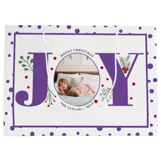 Voeg je foto's paarse JOY en polka dots Groot Cadeauzakje (Achterkant)