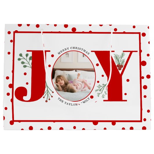 Voeg je foto's rode JOY en polka dots Groot Cadeauzakje (Achterkant)