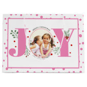 Voeg je foto's roze JOY en polka dots Groot Cadeauzakje (Voorkant)
