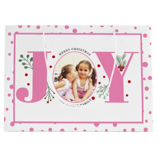 Voeg je foto's roze JOY en polka dots Groot Cadeauzakje (Voorkant)