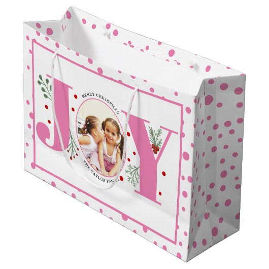 Voeg je foto's roze JOY en polka dots Groot Cadeauzakje (Voorkant Gekanteld)