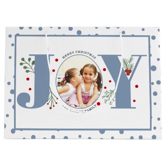 Voeg je foto's stoffige blauwe JOY en polka stippe Groot Cadeauzakje (Voorkant)