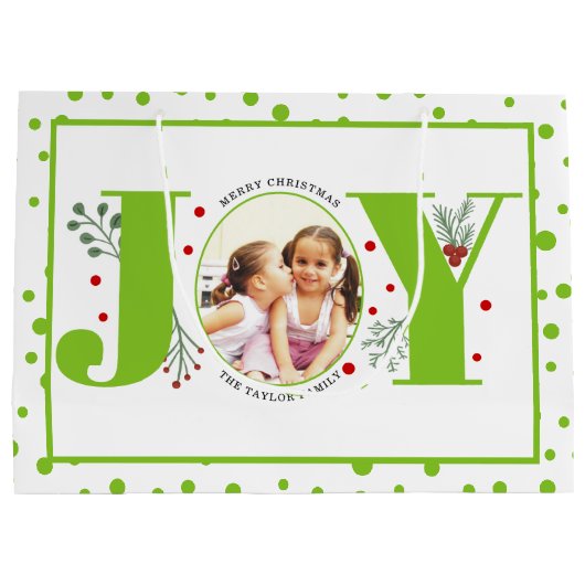 Voeg je foto's toe als groen JOY en polka dots Groot Cadeauzakje (Achterkant)