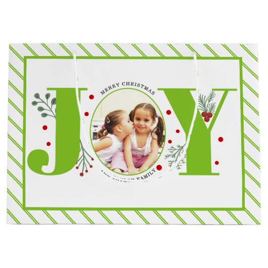 Voeg je foto's toe, groene JOY en strepen Groot Cadeauzakje (Voorkant)