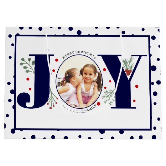 Voeg je foto's toe, marineblauw JOY en polka stipp Groot Cadeauzakje (Voorkant)