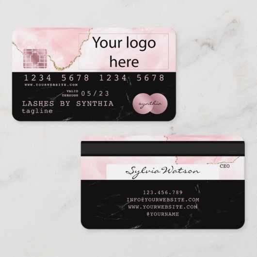 Voeg je logo Credit Kaart Black Marble blush pink  Visitekaartje (Voorkant / Achterkant)