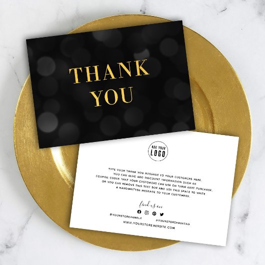 Voeg je Logo Dark Bokeh Lights Faux Gold toe Bedankkaart
