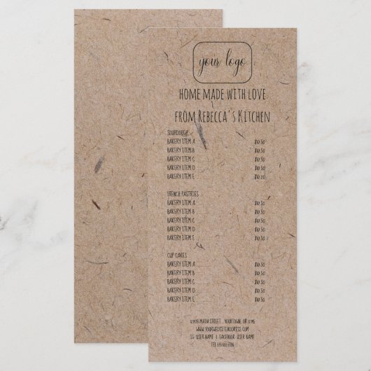 Voeg je Logo homemade Bakery Price List toe en Menu (Voorkant / Achterkant)