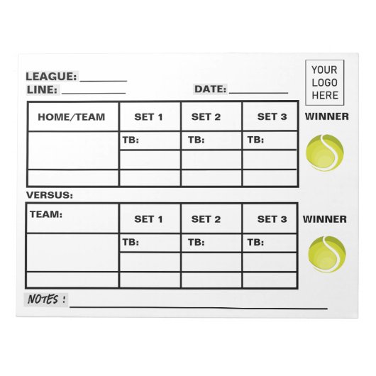 Voeg je Logo Tennis Score Pad Tennis Score Sheets  Notitieblok (Voorkant)