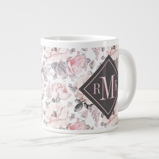 Voeg je Monogram toe | Klassiek roze en grijs patr Grote Koffiekop (Voorkant rechts)