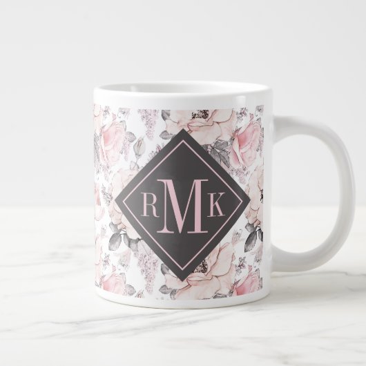 Voeg je Monogram toe | Klassiek roze en grijs patr Grote Koffiekop (Rechts)