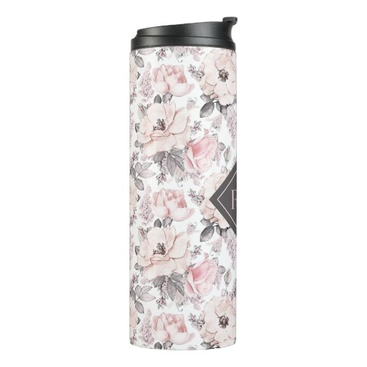 Voeg je Monogram toe | Klassiek roze en grijs patr Thermosbeker (Gedraaid links)