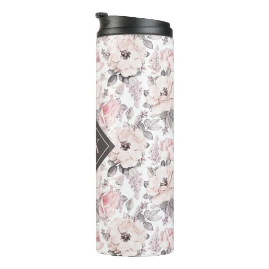 Voeg je Monogram toe | Klassiek roze en grijs patr Thermosbeker (Geroteerd rechts)