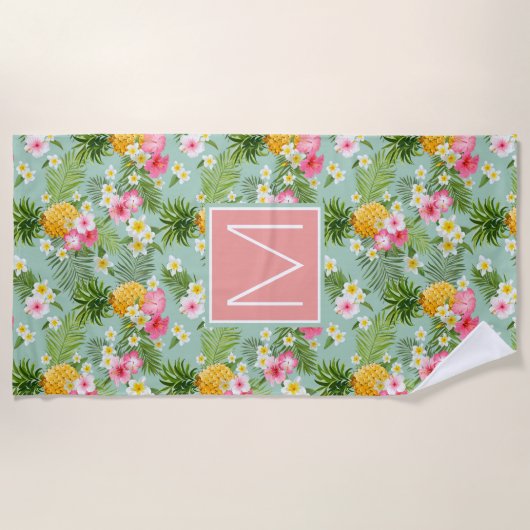 Voeg je Monogram toe | Tropische bloemen en ananas Strandlaken (Voorkant)