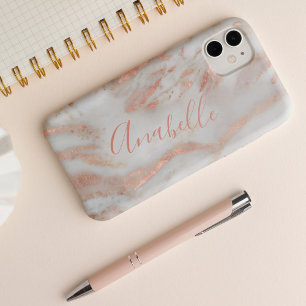 Voeg je naam rozegoud marmer chic schrift toe iPhone 15 case