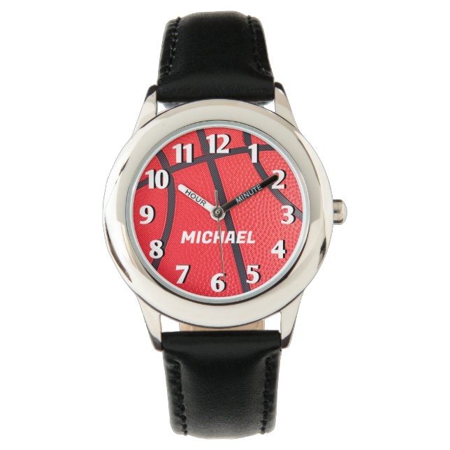 Voeg Jouw naam Basketbal Kinder zwart toe Horloge (Voorkant)