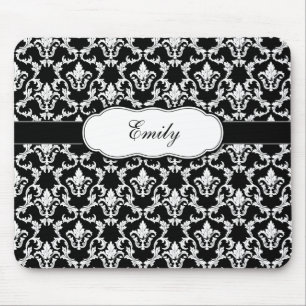 Voeg Jouw naam Black op White Damask Mousepad toe Muismat