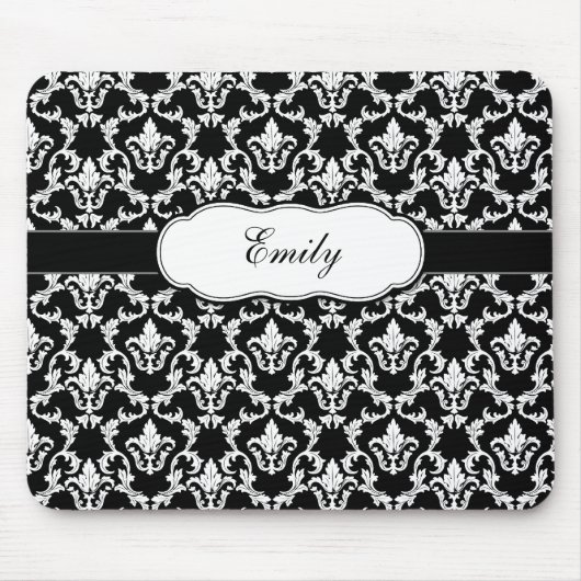Voeg Jouw naam Black op White Damask Mousepad toe Muismat (Voorkant)