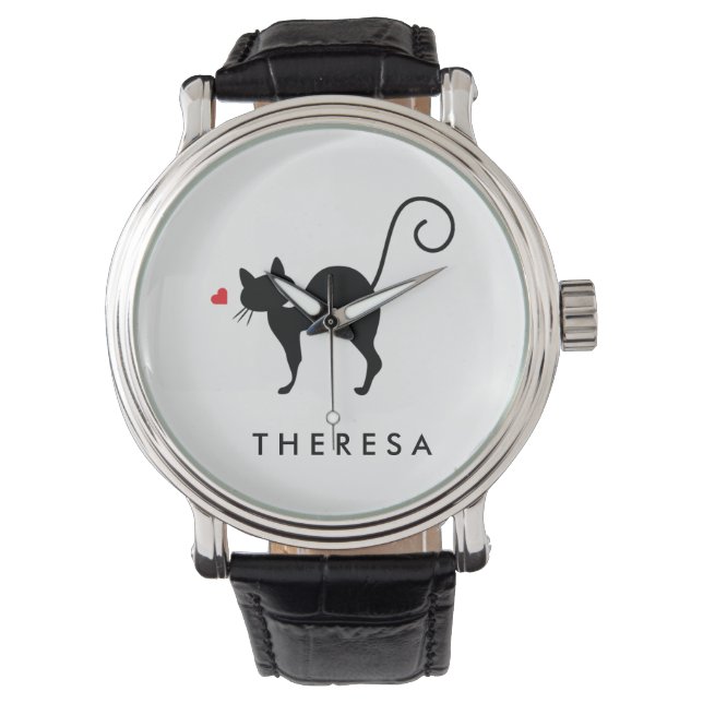 Voeg jouw naam Cat silhouet met hart toe Horloge (Voorkant)