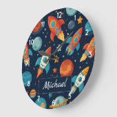 Voeg Jouw naam Cool Rocket Ship Space and Planets Grote Klok (Hoek)