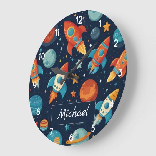 Voeg Jouw naam Cool Rocket Ship Space and Planets  Grote Klok (Hoek)