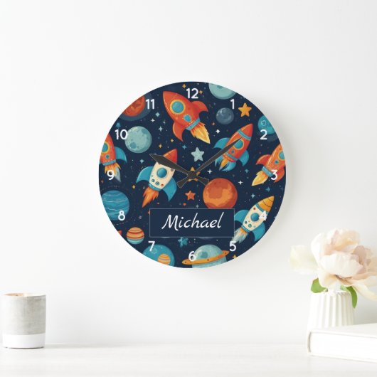Voeg Jouw naam Cool Rocket Ship Space and Planets Grote Klok (Huis)