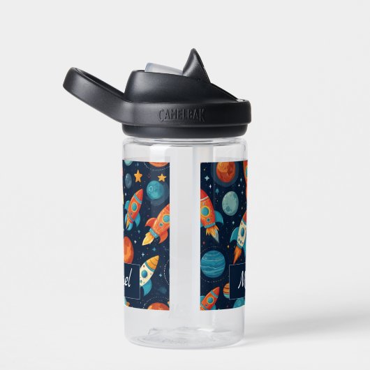 Voeg Jouw naam Cool Rocket Ship Space and Planets Waterfles (Rechts)