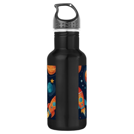 Voeg Jouw naam Cool Rocket Ship Space and Planets  Waterfles (Achterkant)