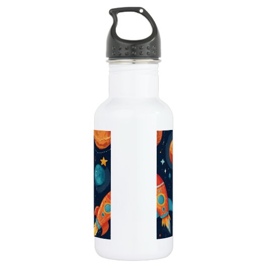 Voeg Jouw naam Cool Rocket Ship Space and Planets  Waterfles (Achterkant)