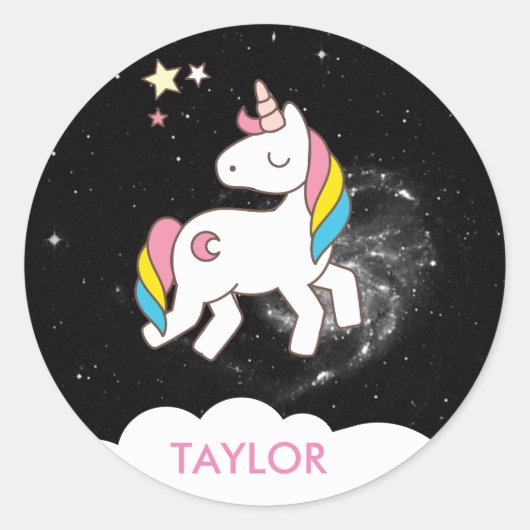 Voeg Jouw naam Cute Magical Unicorn Personalized t Ronde Sticker (Voorkant)