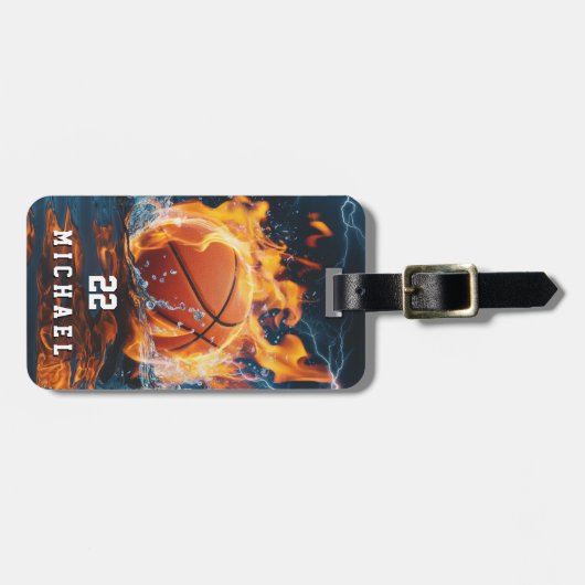 Voeg Jouw naam en Nummer basketballer Custom Bagagelabel (Voorkant horizontaal)