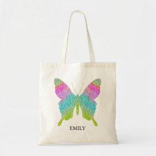 Voeg Jouw naam kleurrijke glitter Butterfly Canvas Tote Bag