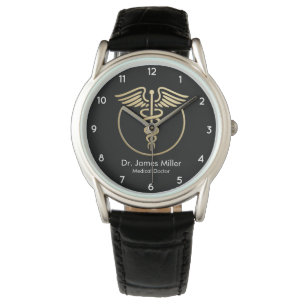 Voeg Jouw naam Medical Caduceus Symbol Zwart Goud  Horloge
