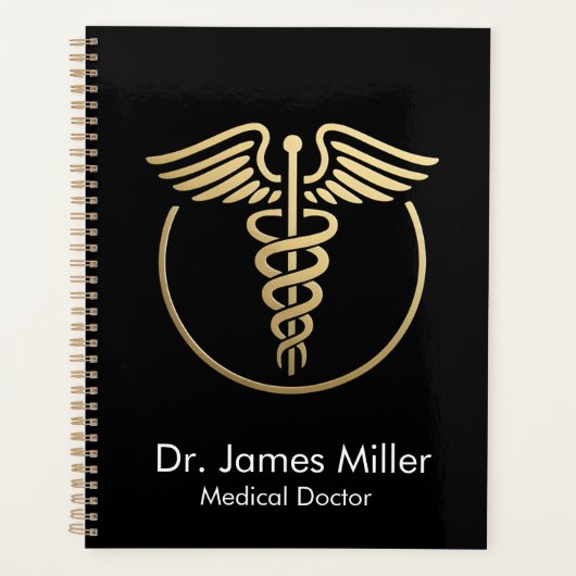 Voeg Jouw naam Medical Caduceus Symbol Zwart Goud  Planner (Voorkant)