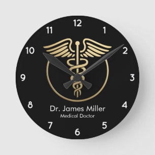 Voeg Jouw naam Medical Caduceus Symbol Zwart Goud  Ronde Klok