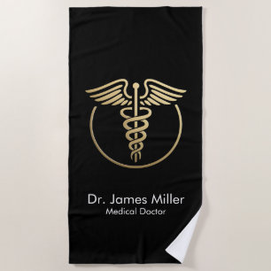 Voeg Jouw naam Medical Caduceus Symbol Zwart Goud Strandlaken