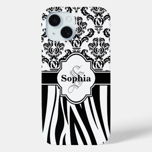 Voeg Jouw naam Monogram Damask Oerwoud Zebra Strip Case-Mate iPhone Case (Achterkant)