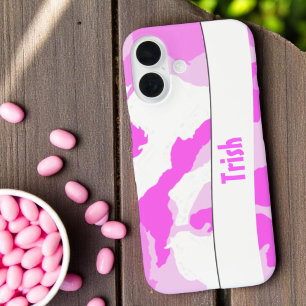 Voeg Jouw naam roze witte camouflage toe iPhone 16 Hoesje