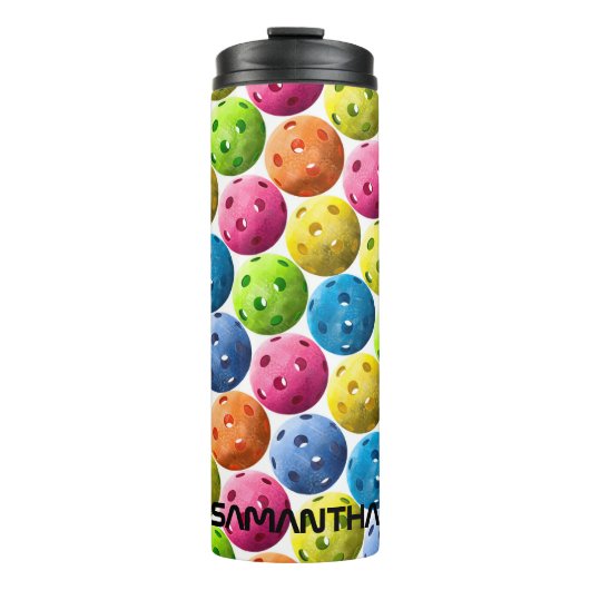 Voeg Jouw naam toe - kleurrijke Pickleball Thermosbeker (Voorkant)