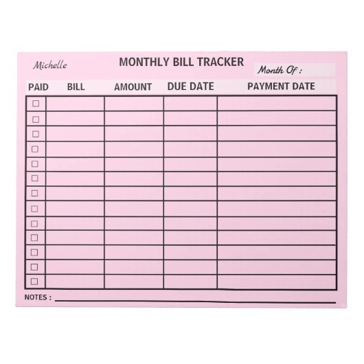 Voeg Jouw namen Maandelijkse Bill Tracker geperson Notitieblok (Voorkant)
