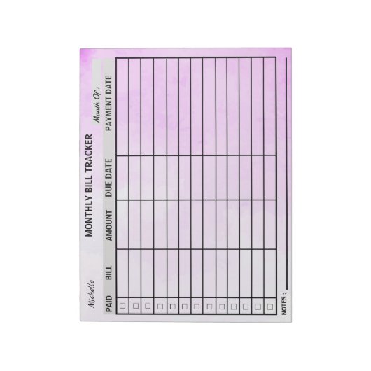 Voeg Jouw namen maandelijkse Bill Tracker Waterver Notitieblok (Linkerzijde)