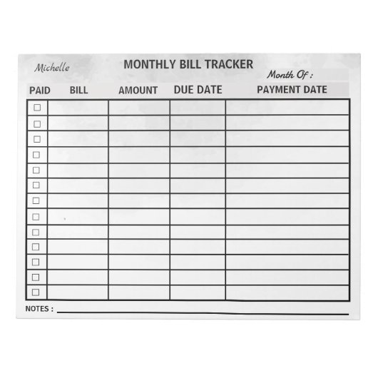 Voeg Jouw namen maandelijkse Bill Tracker Waterver Notitieblok (Voorkant)