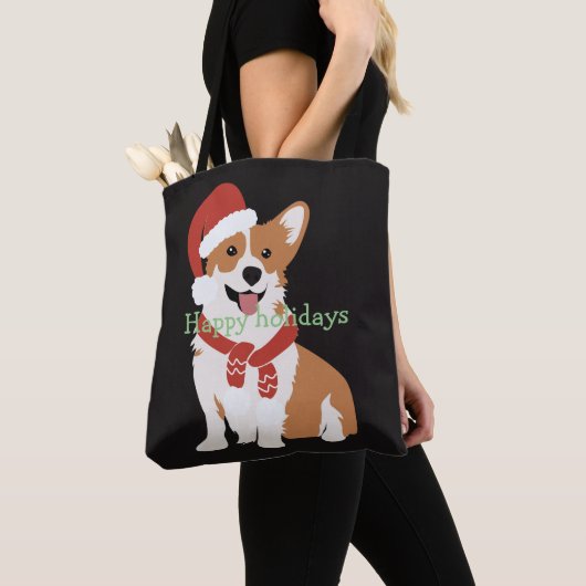 Voeg jouw tekst Funny cute Christmas dog Black Tote Bag (Dichtbij)