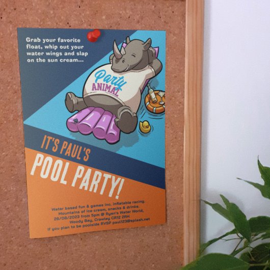Voeg Jouw tekst Party Animal Rhino Pool Cartoon to Kaart