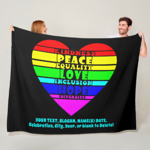 Voeg Jouw tekst toe, Rainbow Heart Peace Equality  Fleece Deken