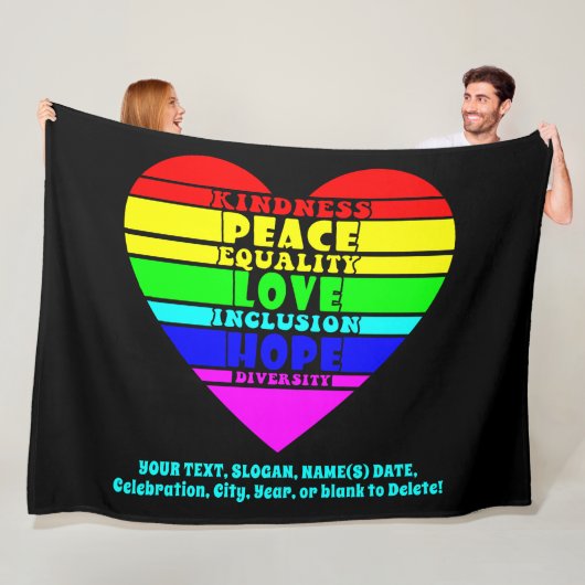 Voeg Jouw tekst toe, Rainbow Heart Peace Equality  Fleece Deken (In situ)
