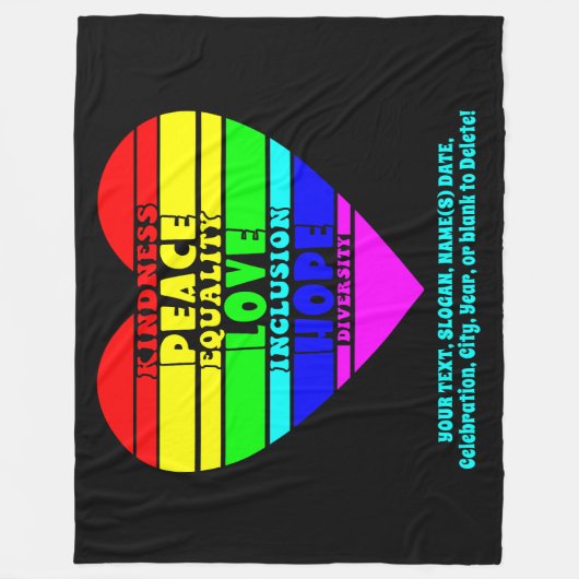 Voeg Jouw tekst toe, Rainbow Heart Peace Equality  Fleece Deken (Voorkant)